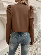 Pu Leather Open Front Puff Sleeve Jacket (3)