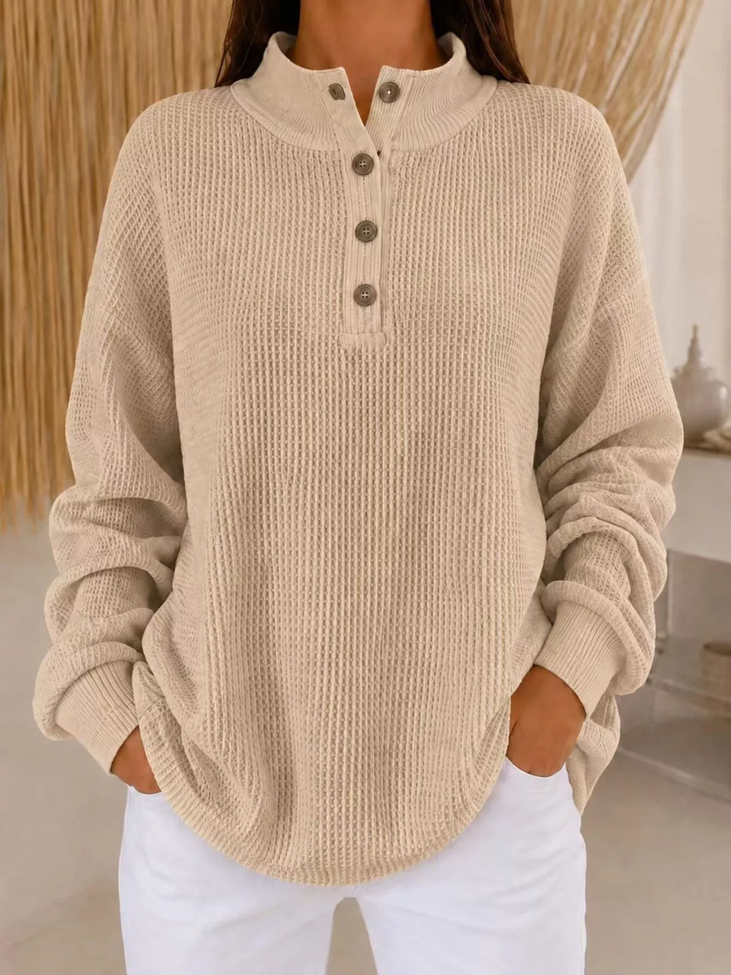 Full Size Waffle Knit Button Detail Sweatshirt Plus (4)