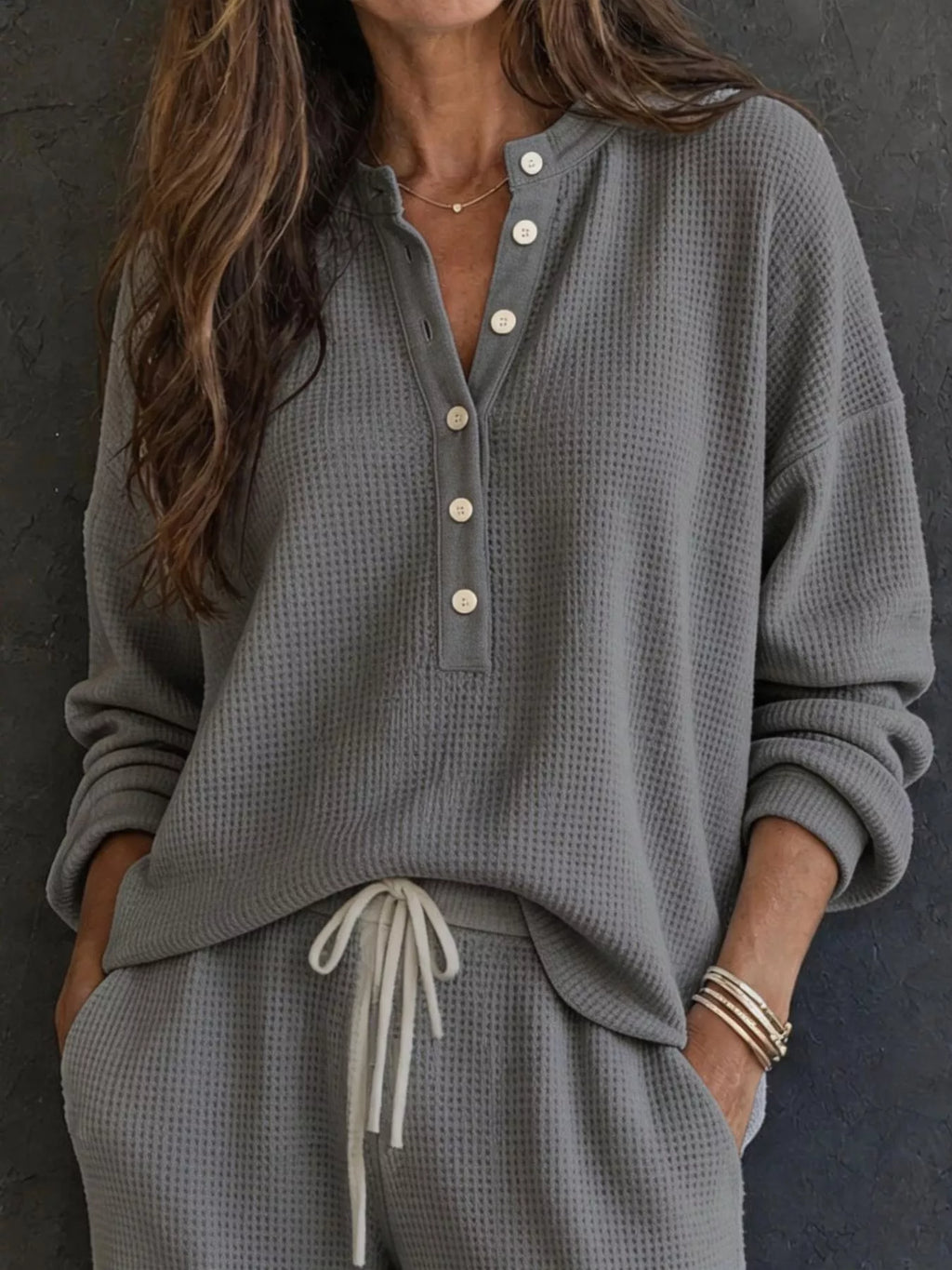 Waffle Knit Henley Top Wide Leg Pants Set (11)