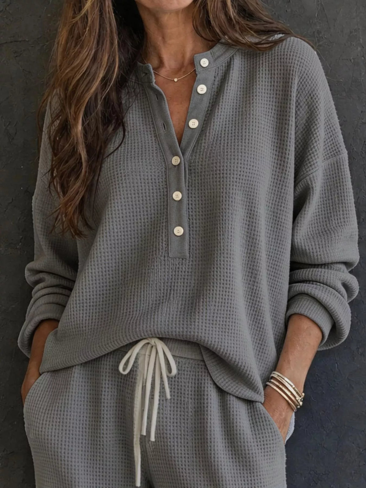 Waffle Knit Henley Top Wide Leg Pants Set (11)