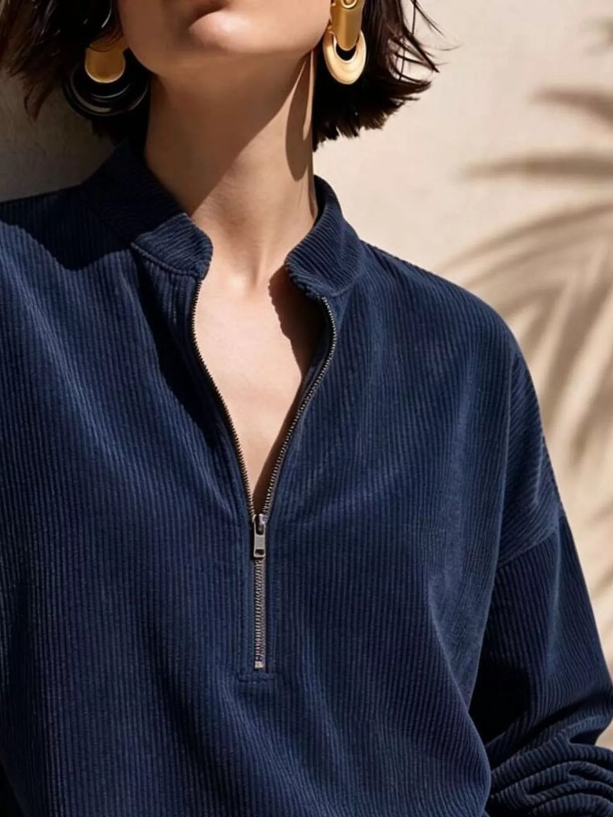 Full Size Half Zip Dropped Shoulder Corduroy Top Plus (4)