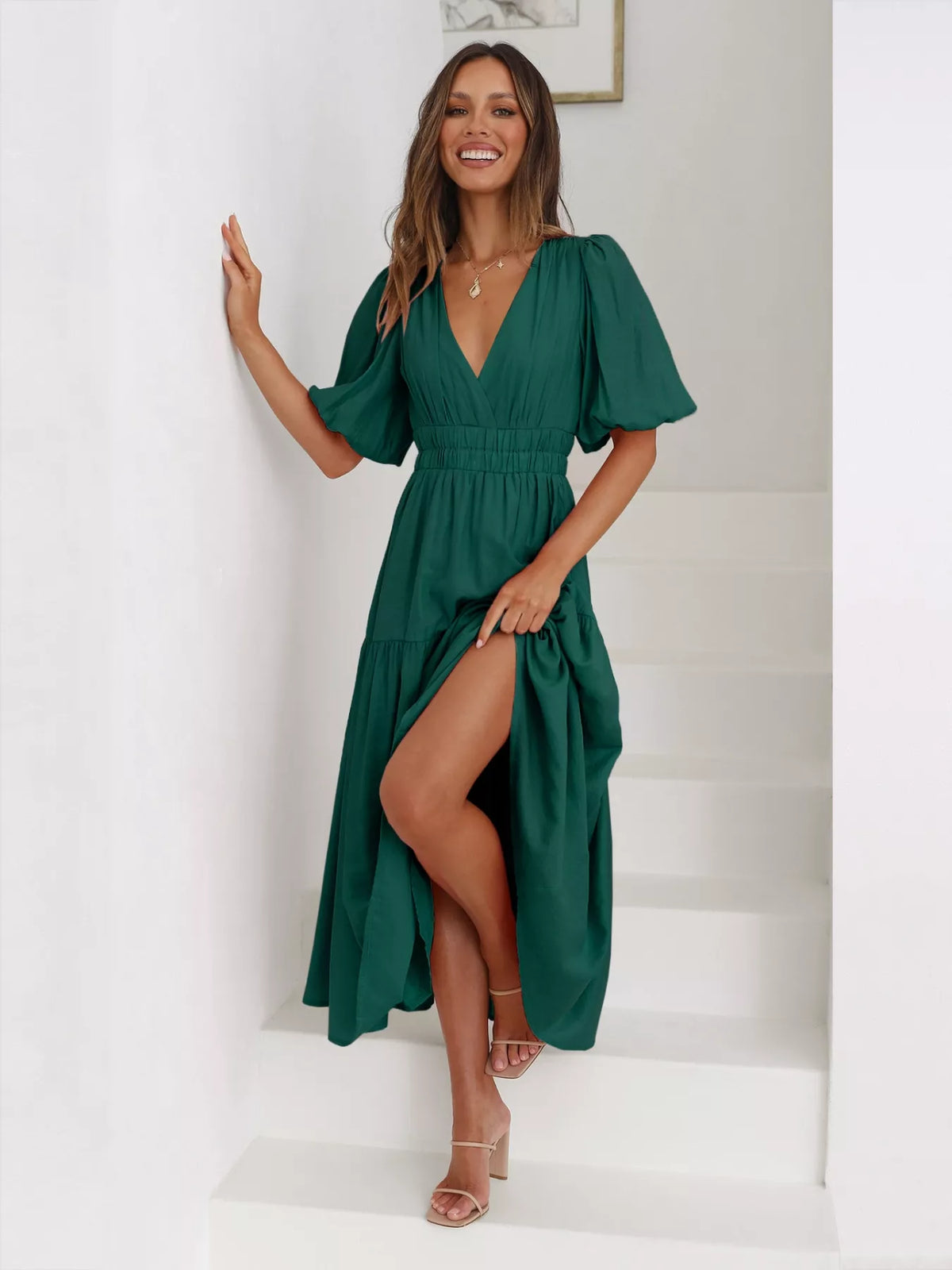 Tiered Puff Sleeve Midi Dress (10)