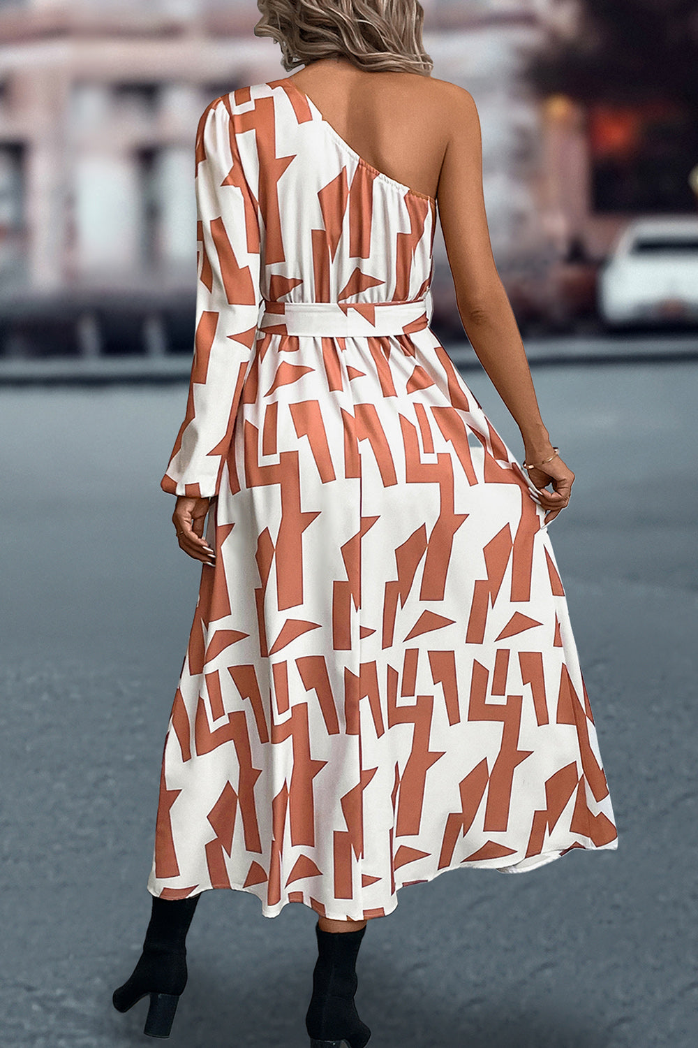 Printed One-shoulder Tie Waist Dress (8)