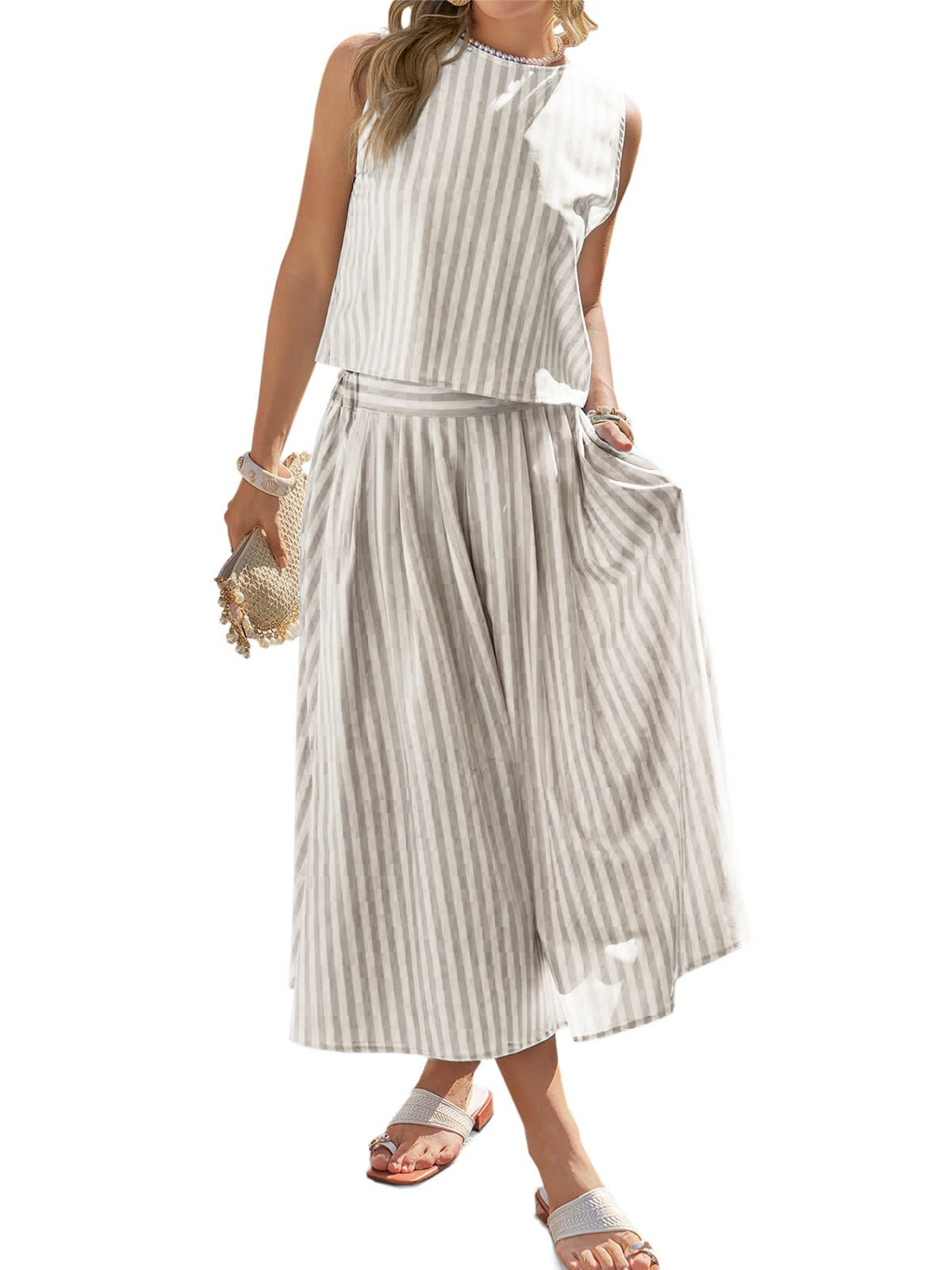 Striped Sleeveless Top Midi Skirt Set (12)