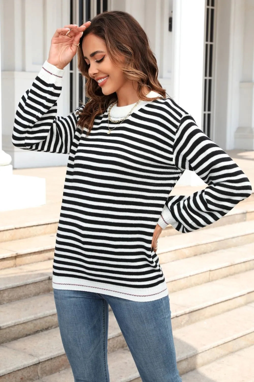 Striped Round Neck Dropped Shoulder Sweater (2)