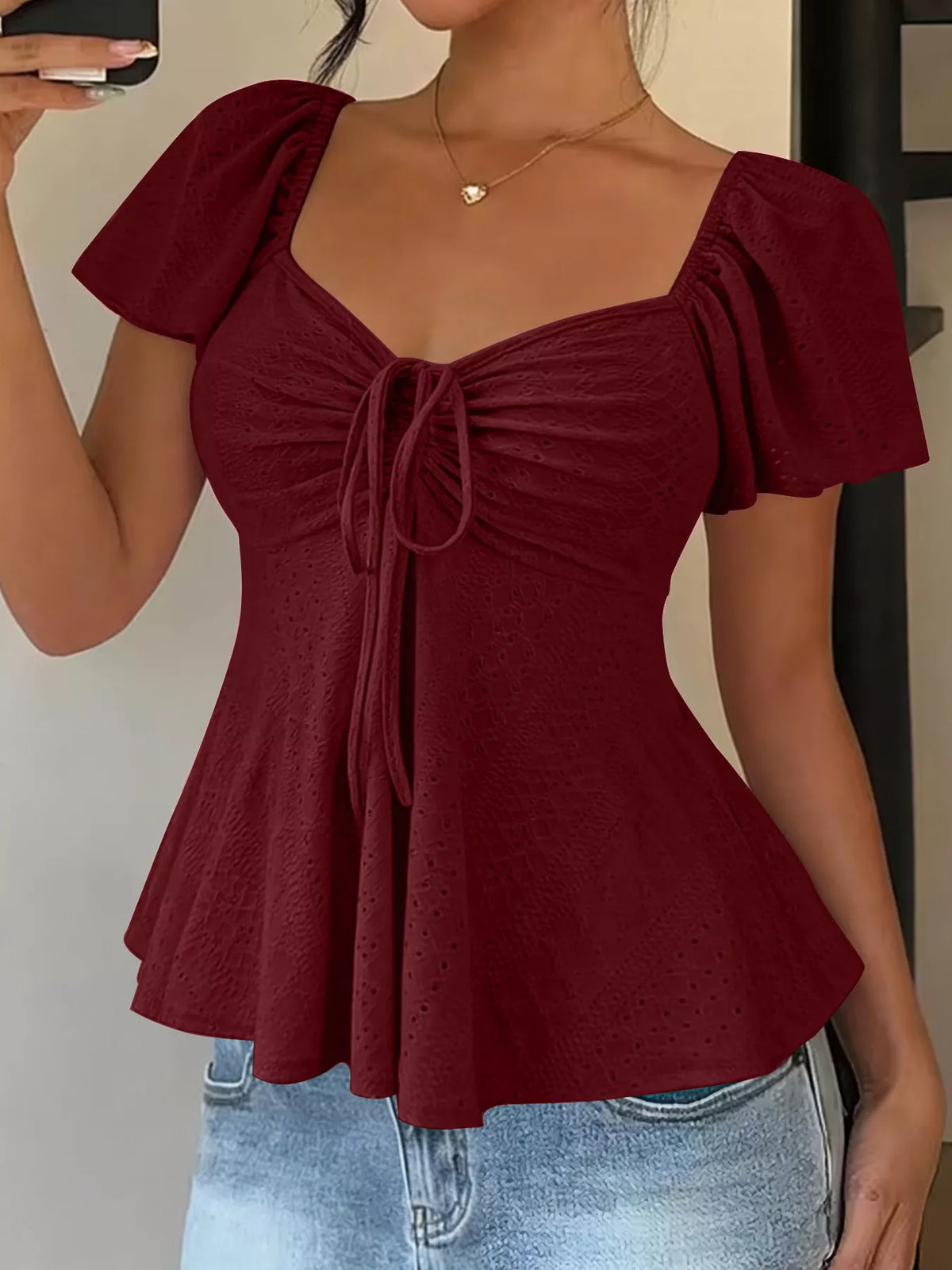 Sweetheart Neck Flutter Sleeve Top (19)