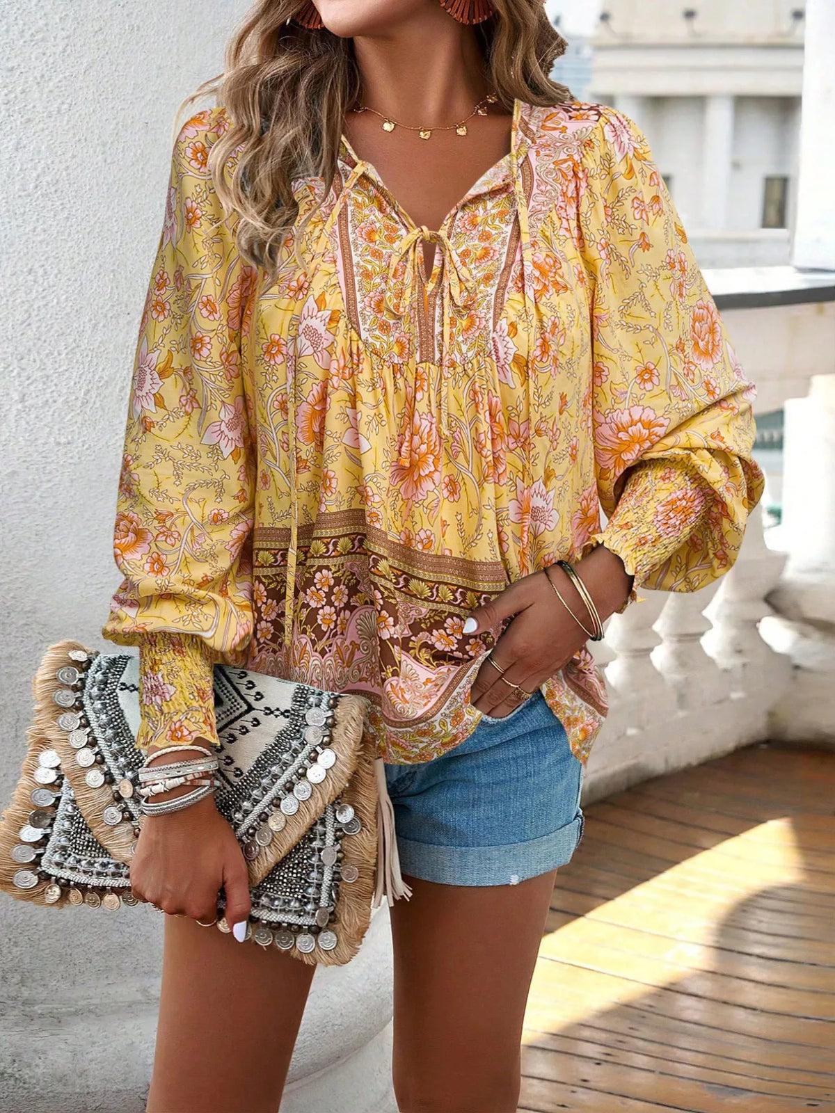 Floral Print Tie Neck Bohemian Blouse (20)
