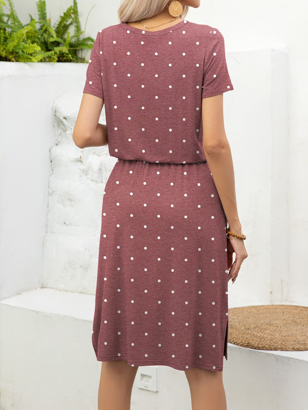 Round Neck Short Sleeve Slit Dress Pockets (9)