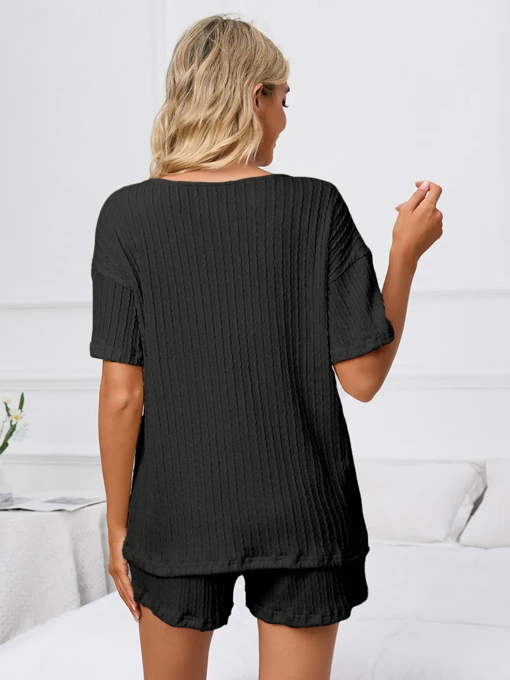 Notched Short Sleeve Shorts Lounge Set (2)