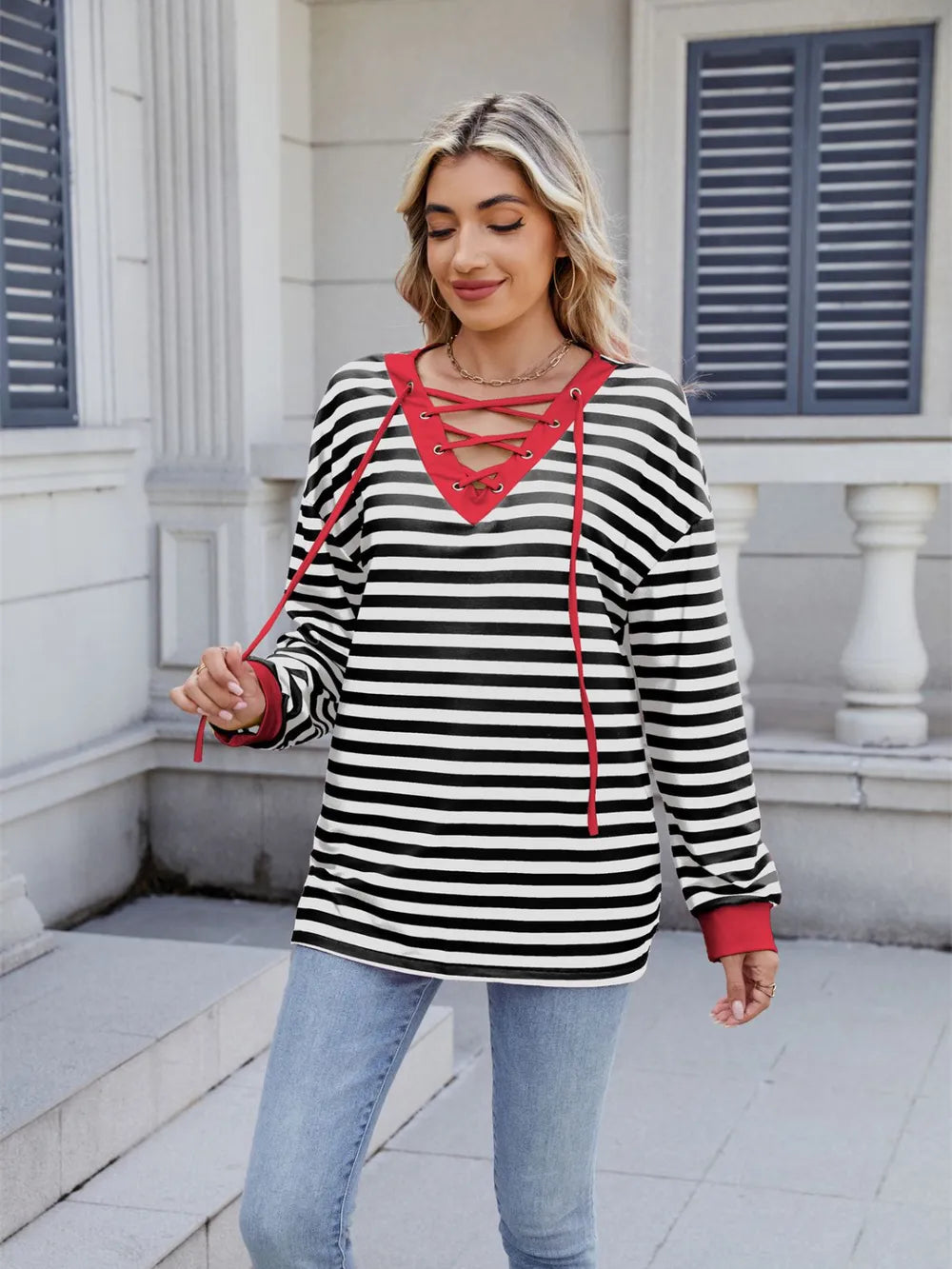 Lace-up Striped Long Sleeve T-shirt (26)