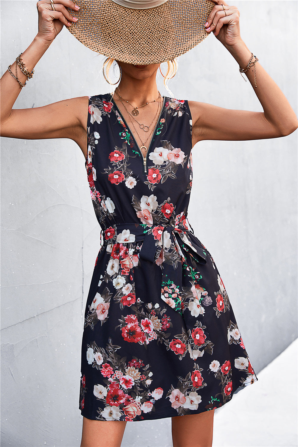 Printed Zip Detail Belted Sleeveless Dress (5)