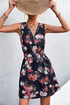 Printed Zip Detail Belted Sleeveless Dress (5)