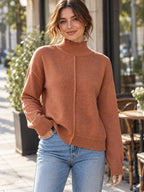 Center Seam Detail Turtleneck Sweater styled on a model