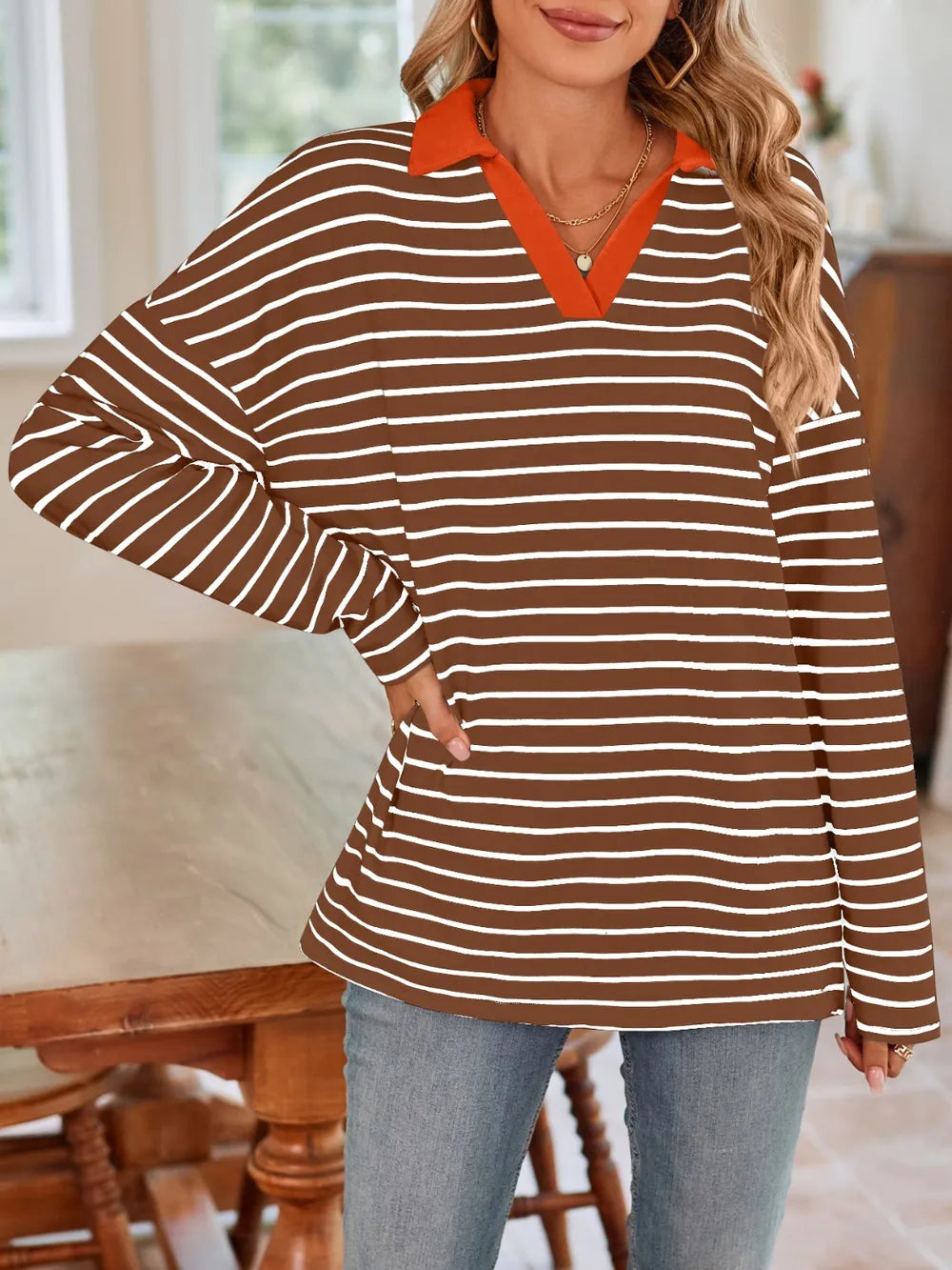 Striped Johnny Collar Long Sleeve T-shirt (28)