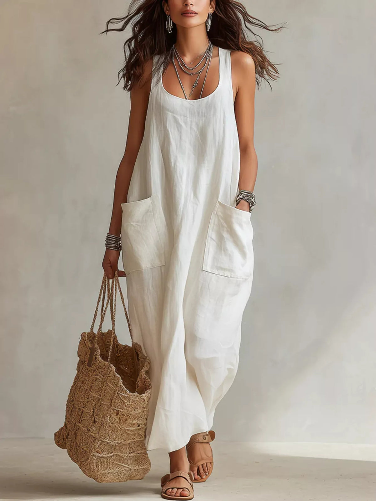 Scoop Neck Sleeveless Maxi Dress Pockets