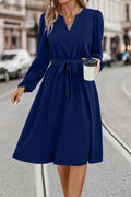 Tie Waist Notched Neck Long Sleeve Dress (5)