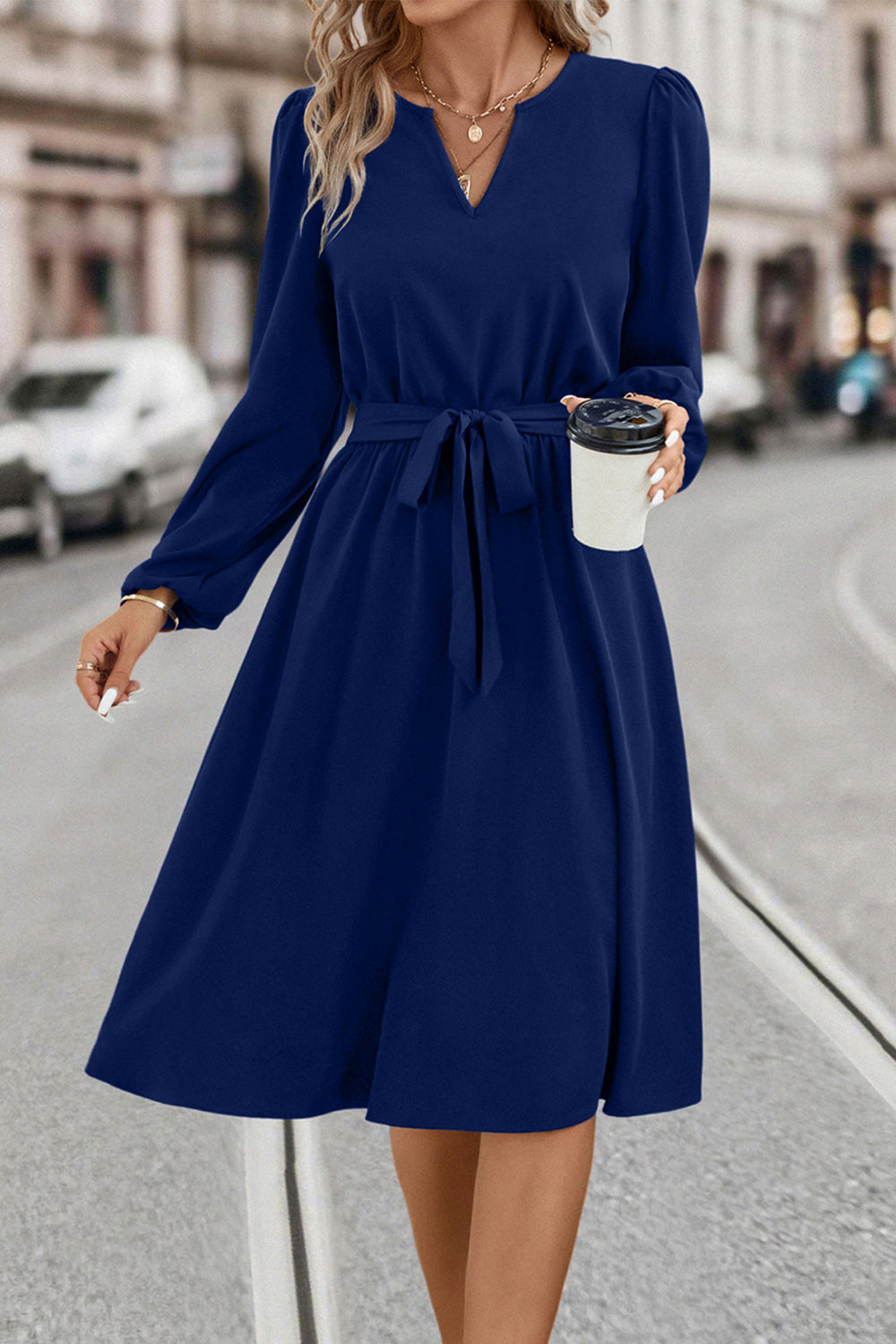 Tie Waist Notched Neck Long Sleeve Dress (5)