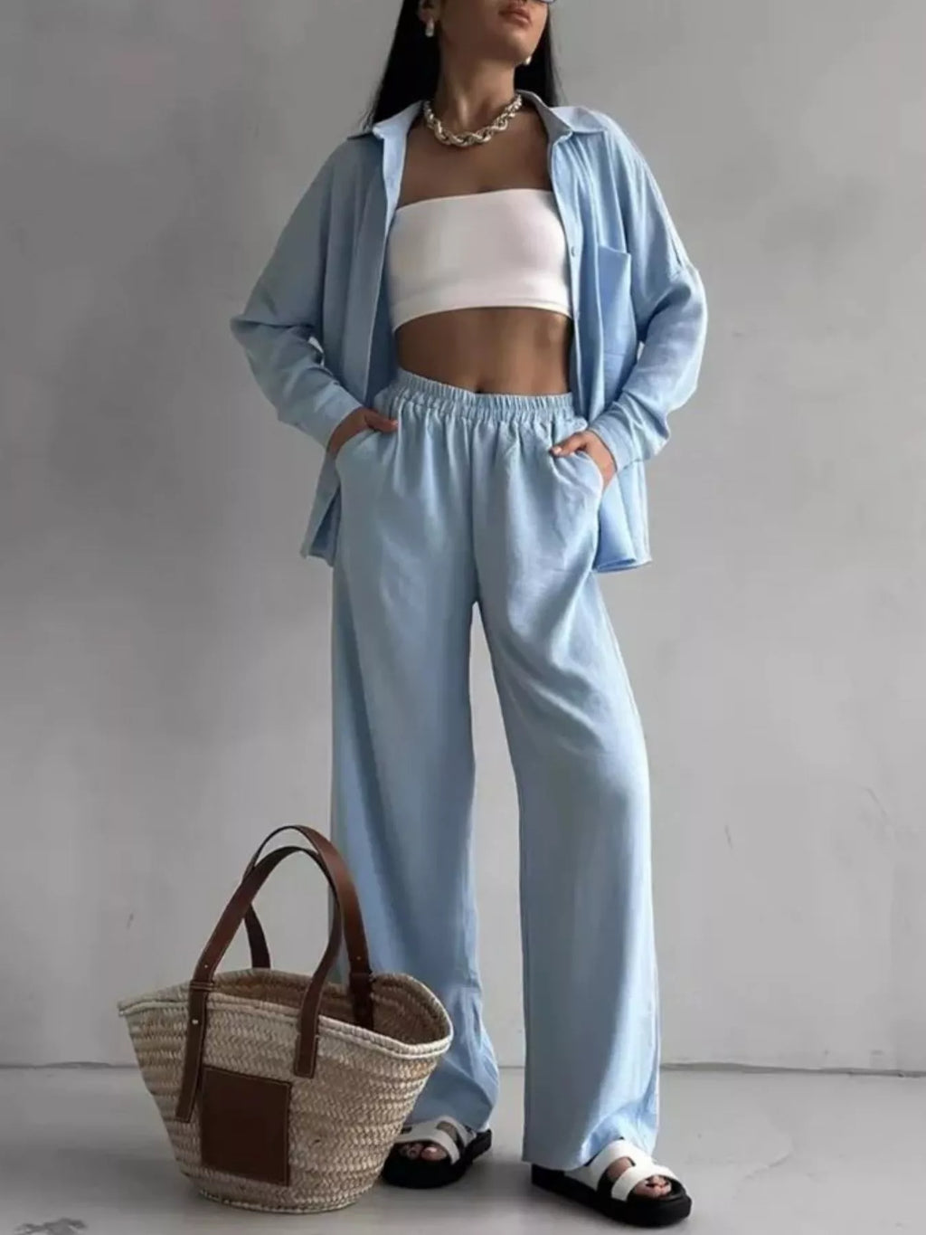 Relaxed Fit Shirt Wide Leg Pants Set