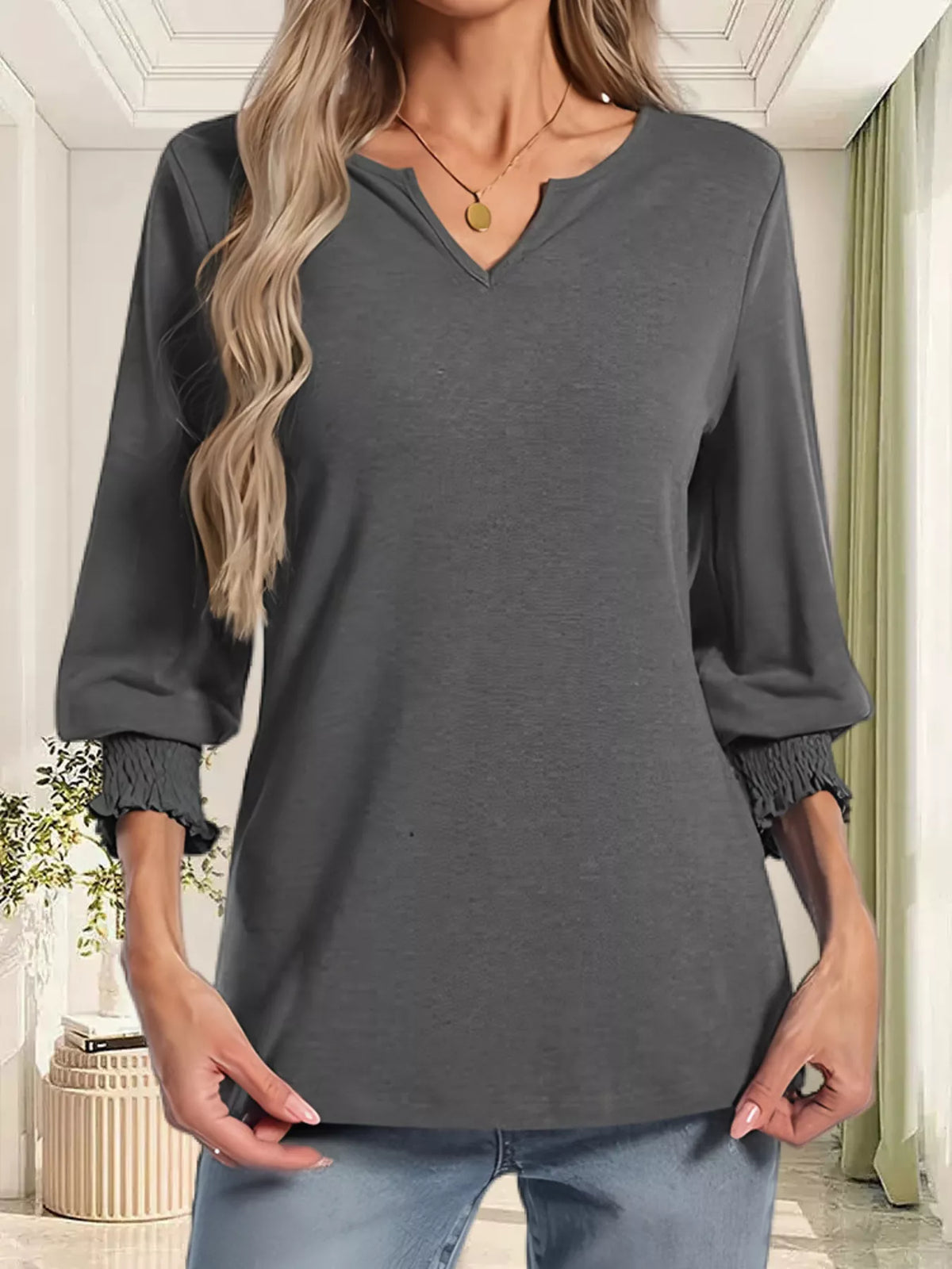 Full Size Notched 3/4 Sleeve Top Plus (12)
