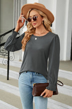 Round Neck Smocked Flounce Sleeve Blouse (4)