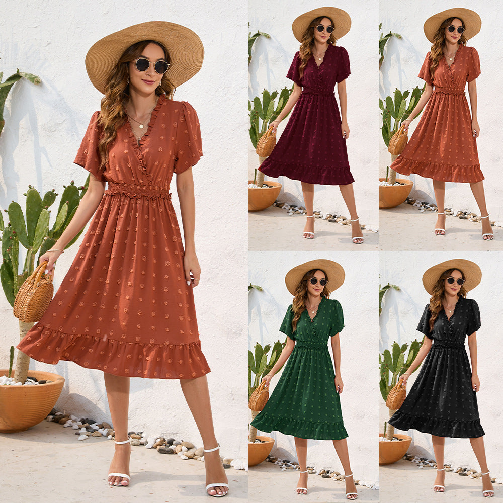 V-neck High Waist Tied Dress Fur Ball Short Sleeve photo 4