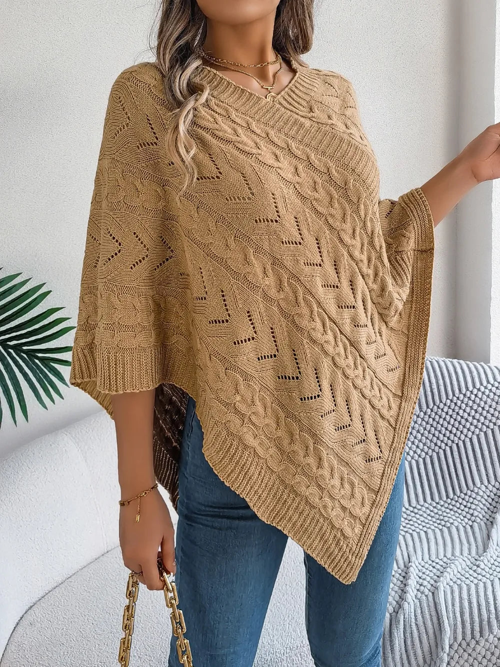 Cable-knit Openwork Three-quarter Sleeve Sweater (10)
