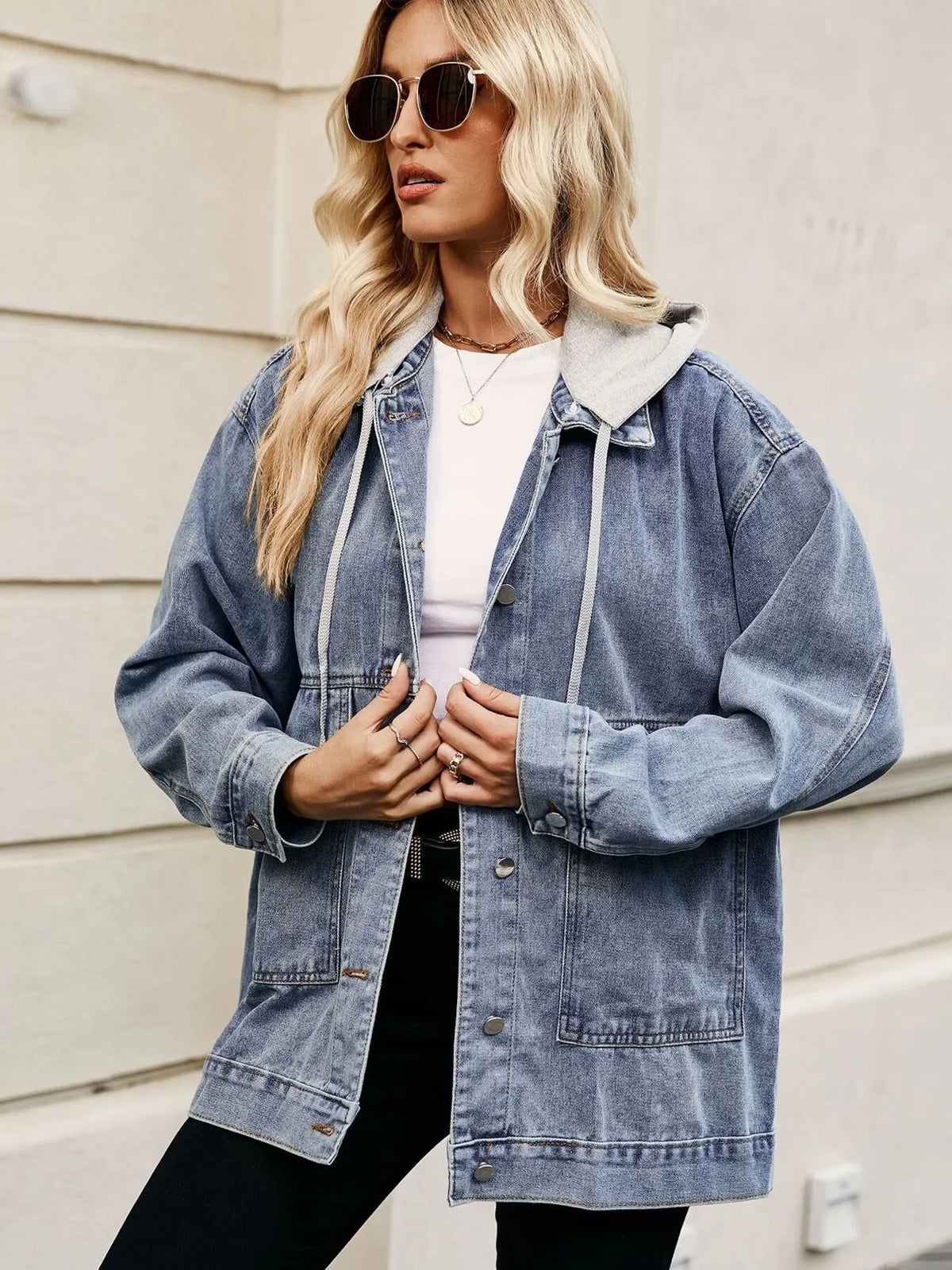 Oversized Button Up Denim Jacket Hood (9)