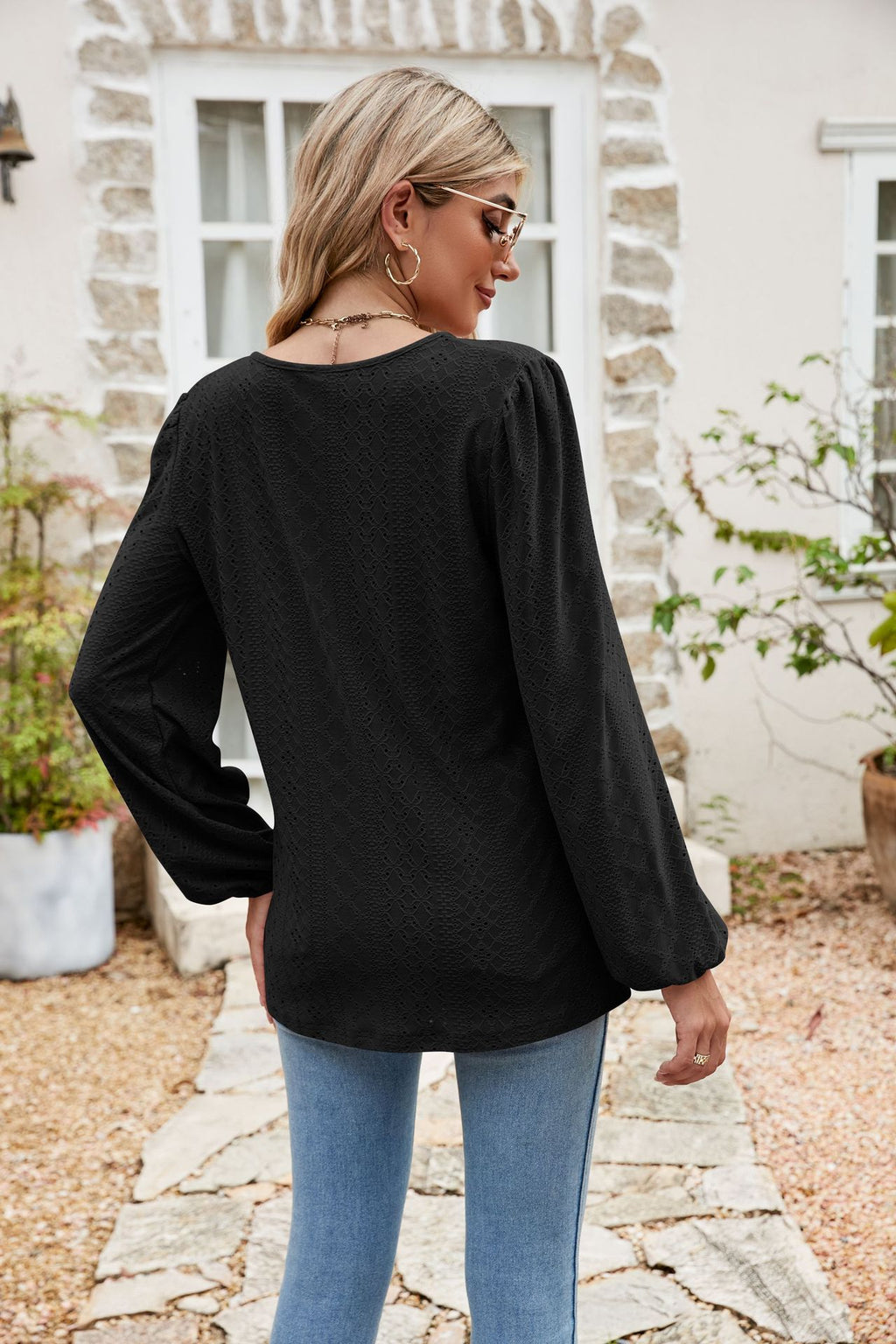 Eyelet Notched Neck Balloon Sleeve Blouse (12)