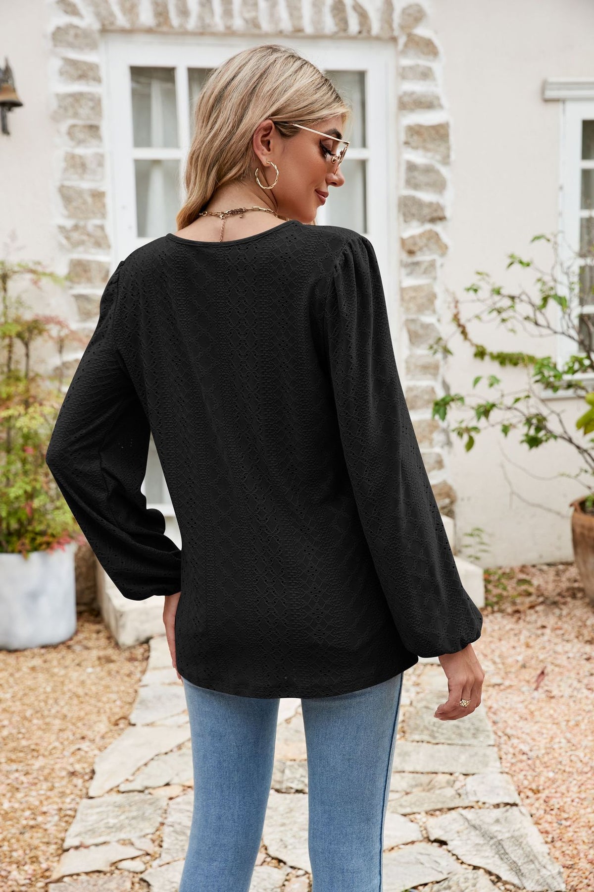 Eyelet Notched Neck Balloon Sleeve Blouse (12)