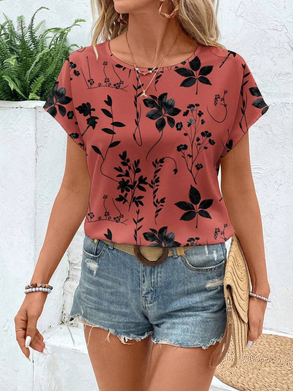 Printed Round Neck Short Sleeve Blouse (8)
