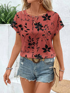 Printed Round Neck Short Sleeve Blouse (8)