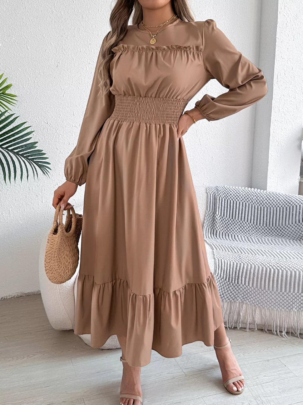 Round Neck Balloon Sleeve Tiered Dress (16)