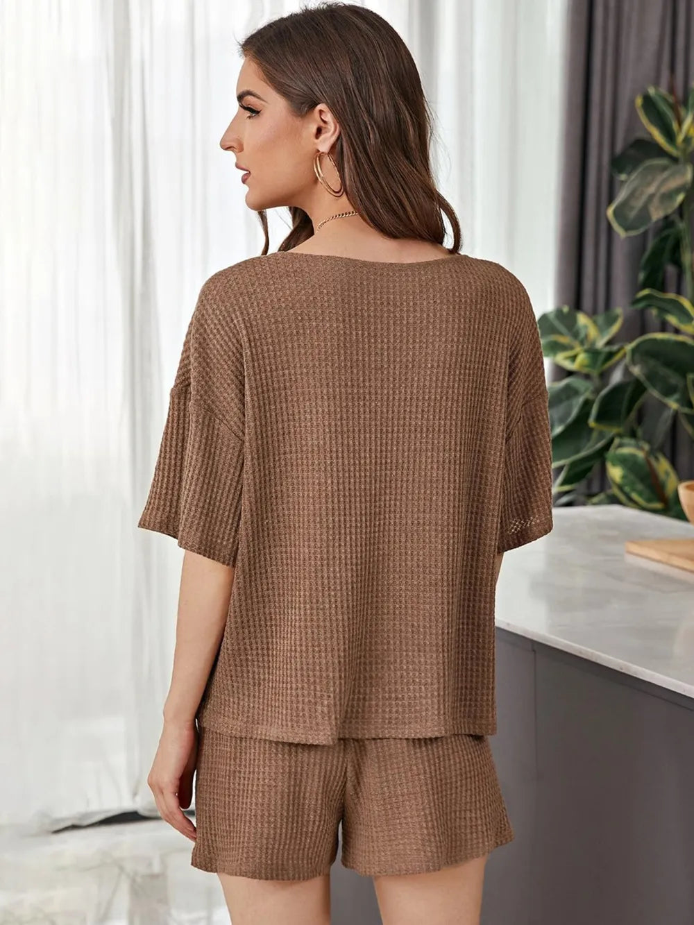 Full Size Waffle-knit Dropped Shoulder Top Shorts Set (11)