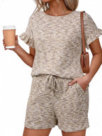 Ruffle Sleeve Textured Top Shorts Set (12)