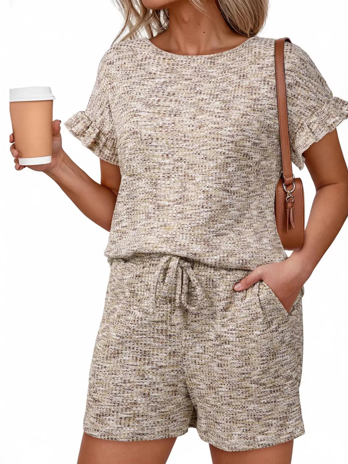 Ruffle Sleeve Textured Top Shorts Set (12)