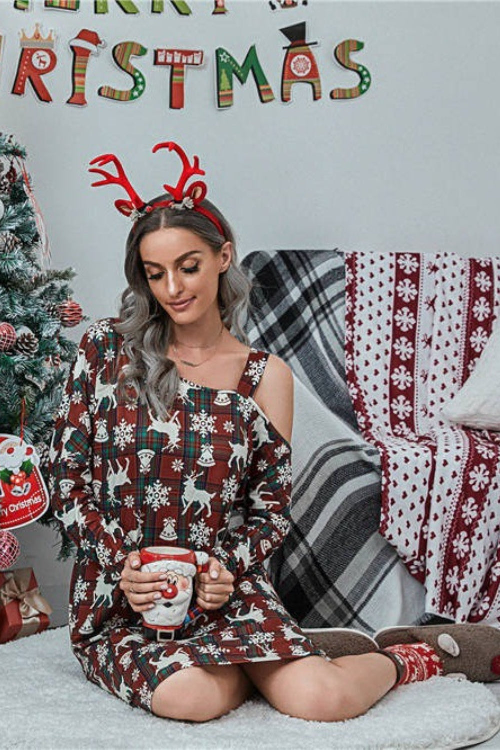 Christmas Asymmetrical Neck Long Sleeve Dress (9)