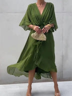 Full Size Flowy Tie Front Midi Dress Flutter Sleeves Plus