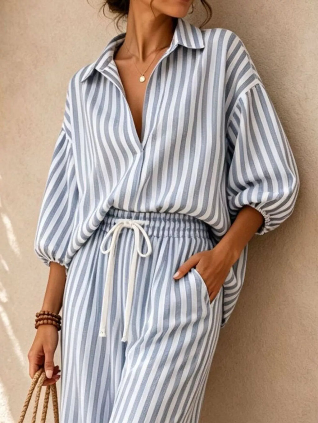 Striped Collared Shirt Wide-leg Drawstring Pants Set (7)