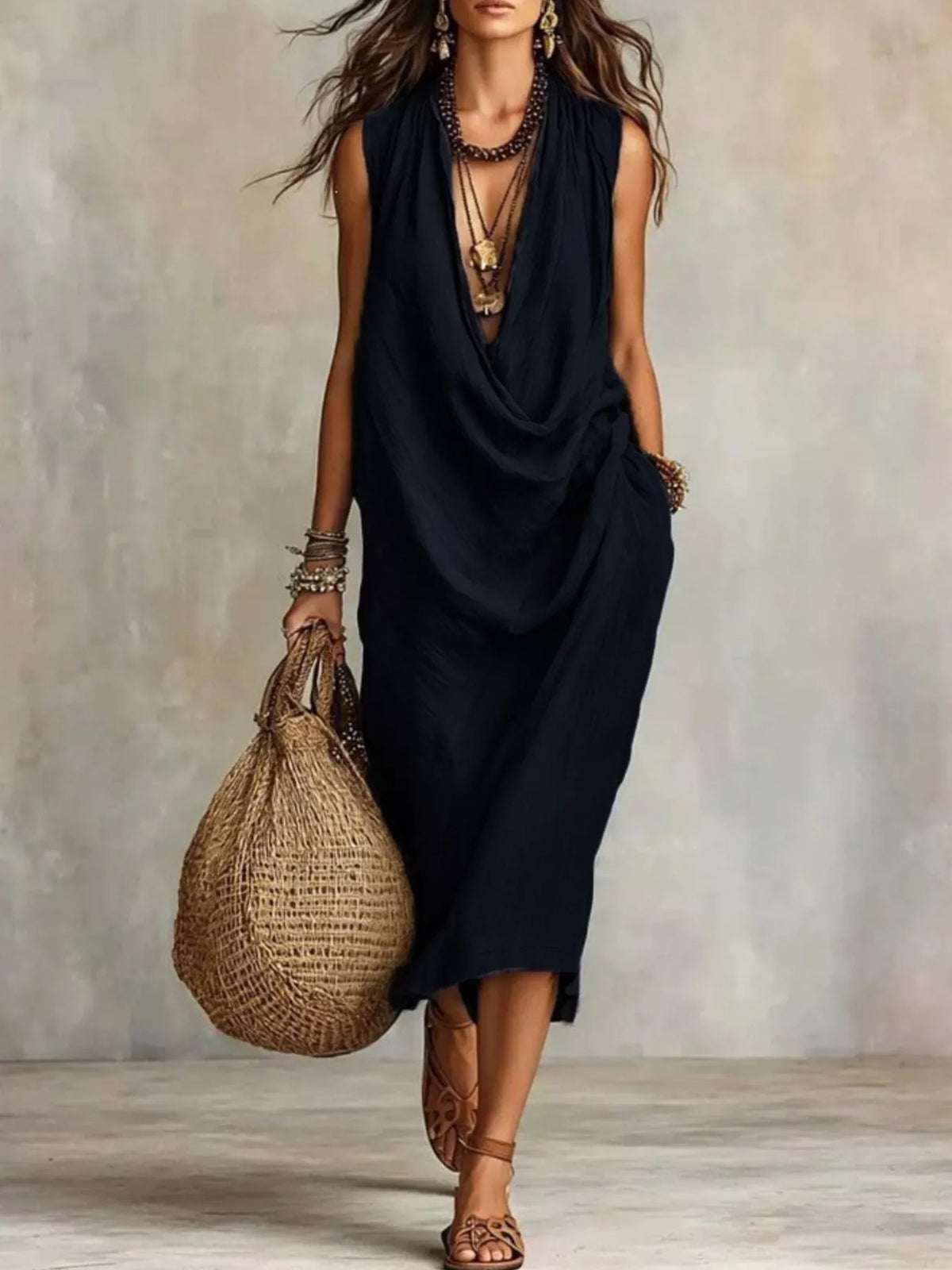 Full Size Cowl Neck Sleeveless Midi Dress Plus (5)