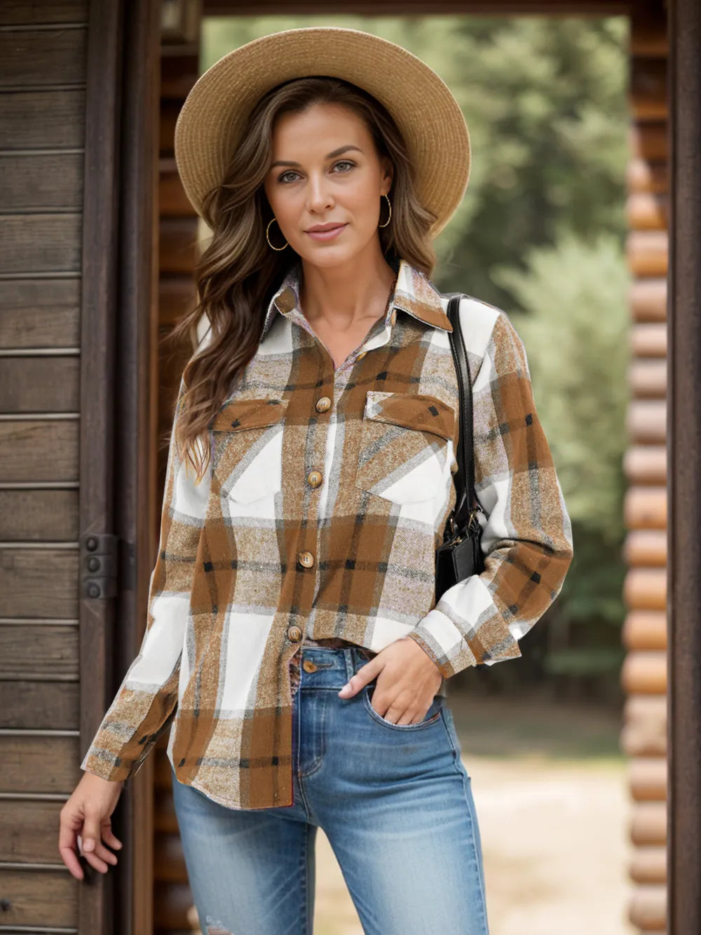 Full Size Pocketed Plaid Collared Neck Shacket (5)