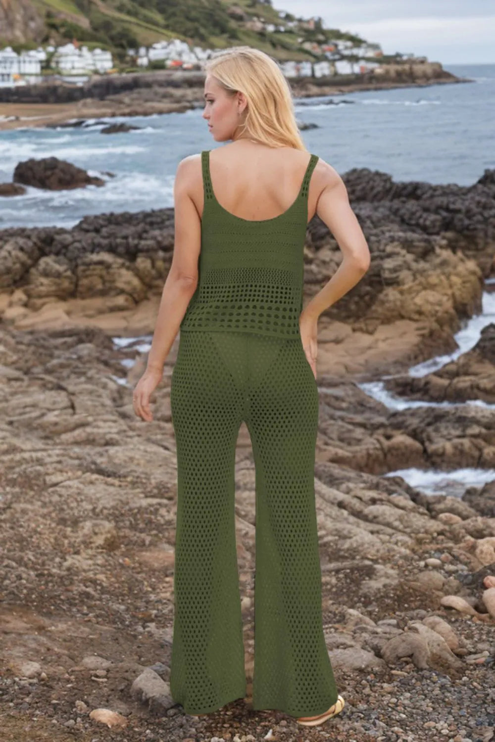 Hollow Out Round Neck Top Pants Sweater Cover Up Set (6)