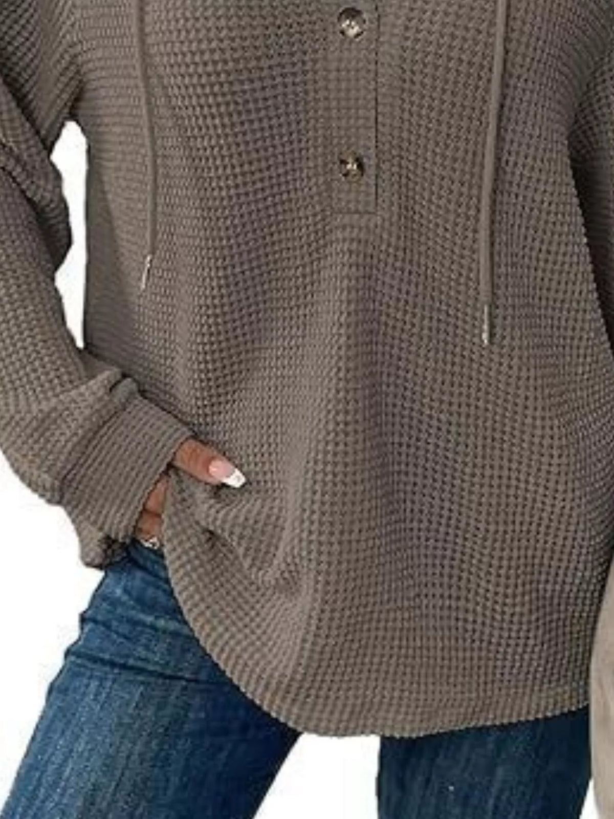 Full Size Button Detail Waffle Knit Hoodie Plus (36)