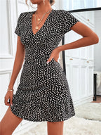 Printed Ruffled Hem V-neck Short Sleeve Mini Dress (21)