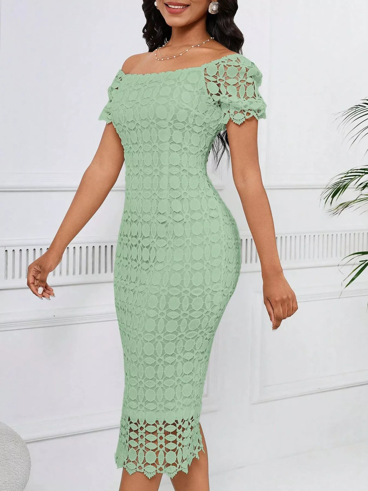 Lace Short Sleeve Midi Dress (14)
