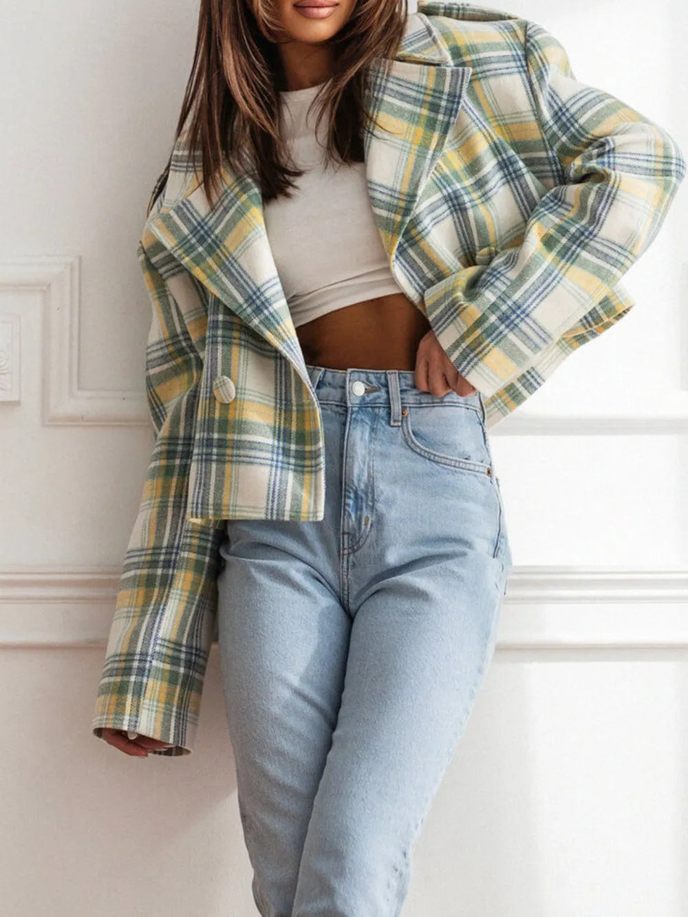 Lapel Collar Plaid Cropped Jacket (3)