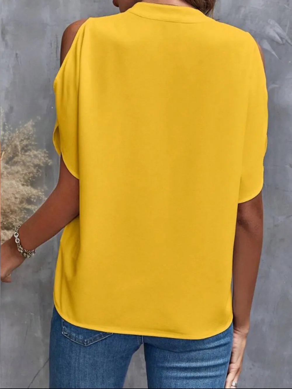 Notched Cold Shoulder Half Sleeve Blouse (22)
