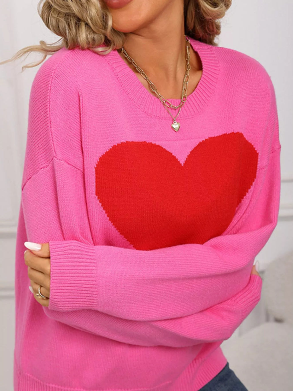 Valentine's Day Heart Round Neck Dropped Shoulder Sweater (18)