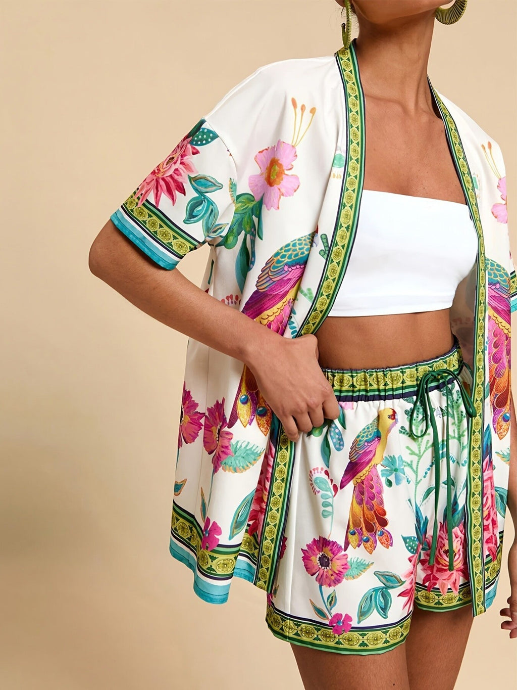 Printed Open Front Cardigan Shorts Set (6)