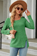 Slit Decorative Button Square Neck T-shirt (13)