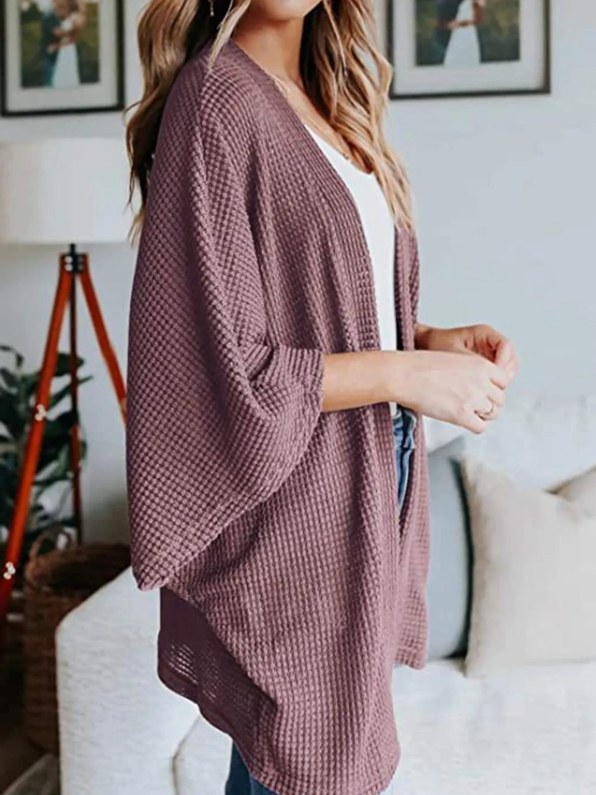 Full Size Open Front Waffle Knit Cardigan Plus (35)